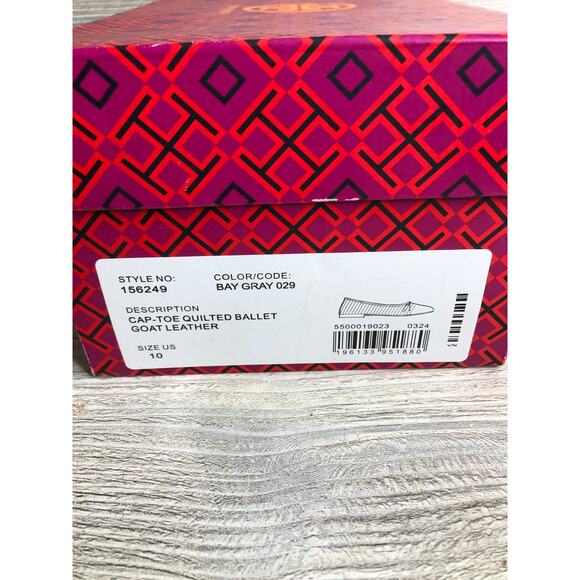 TORY BURCH Cap Toe Quilted Ballet Flat Bay Gray Leather Shoes Sz 10 BRAND NEW - Picture 10 of 10